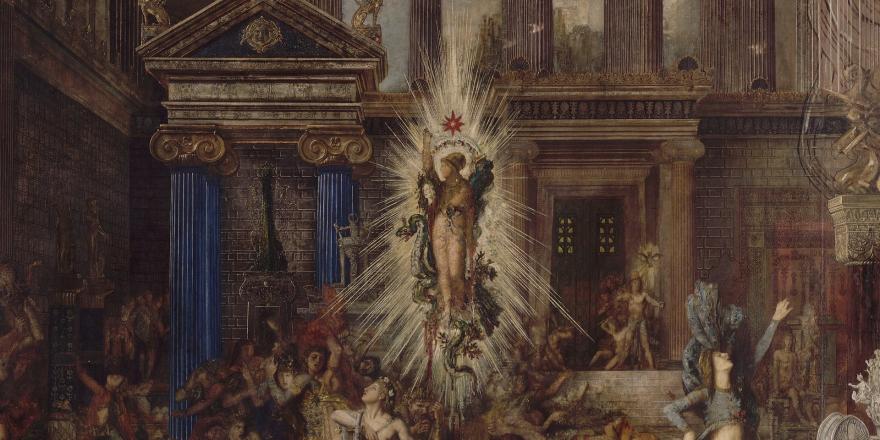 Scène dramatique dans un intérieur richement décoré, avec une figure centrale rayonnante entourée de nombreuses personnes en désarroi.