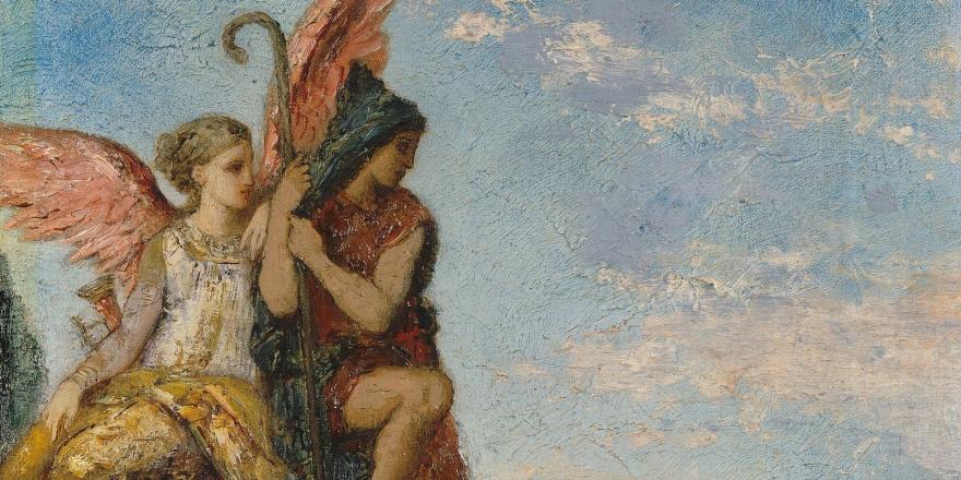 Ange aux ailes roses consolant une figure masculine assise sur un rocher, dans un paysage céleste 