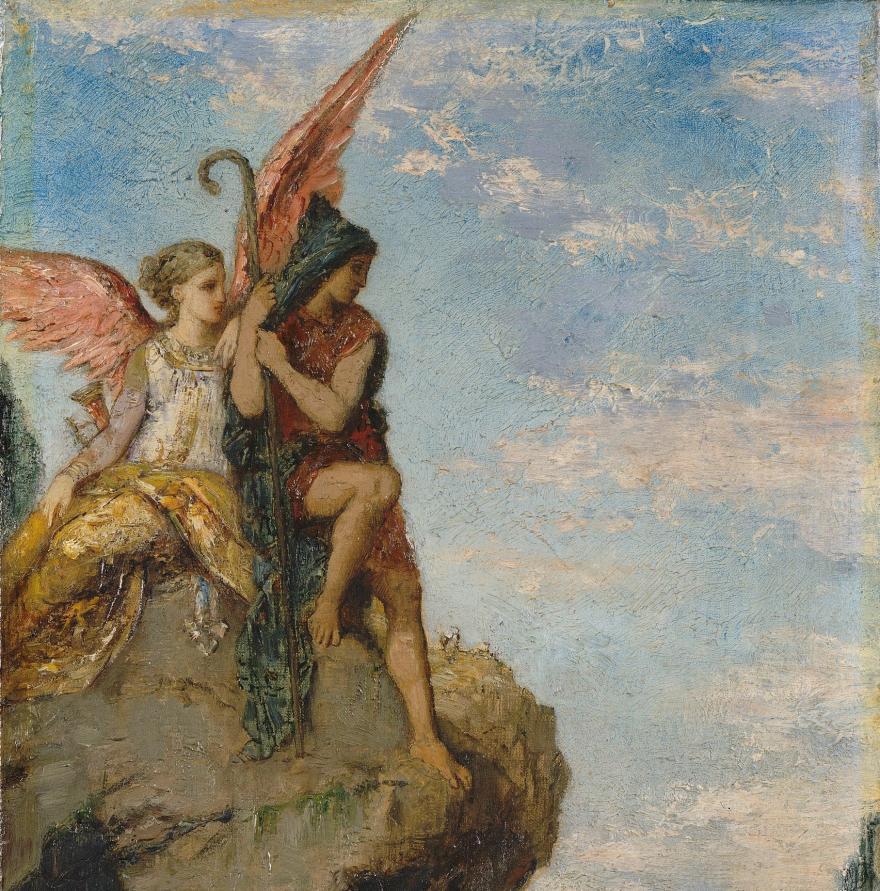 Ange aux ailes roses consolant une figure masculine assise sur un rocher, dans un paysage céleste 