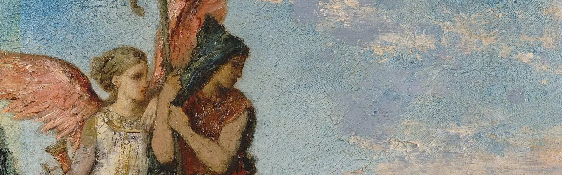 Peinture romantique montrant un ange ailé consolant une figure masculine sur un promontoire rocheux surplombant la mer sous un ciel nuageux.