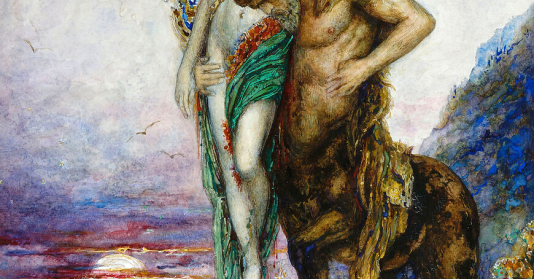 Gustave Moreau (1826–1898), Poète mort porté par un centaure, vers 1890, aquarelle, 33,5 x 24,5 cm, musée national Gustave Moreau.