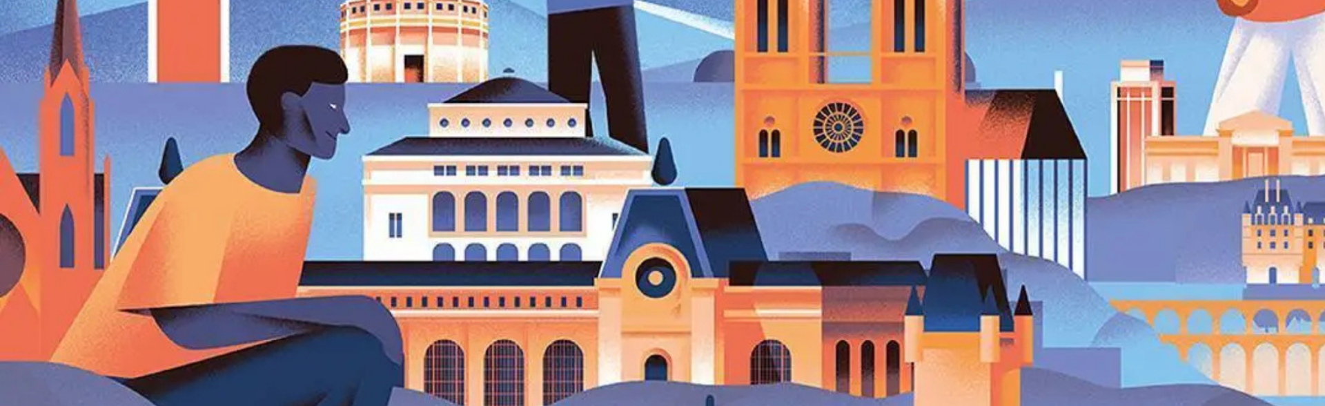 Illustration stylisée d'une figure humaine contemplant un paysage urbain coloré avec cathédrales, tours et architecture variée dans des tons orange et bleu