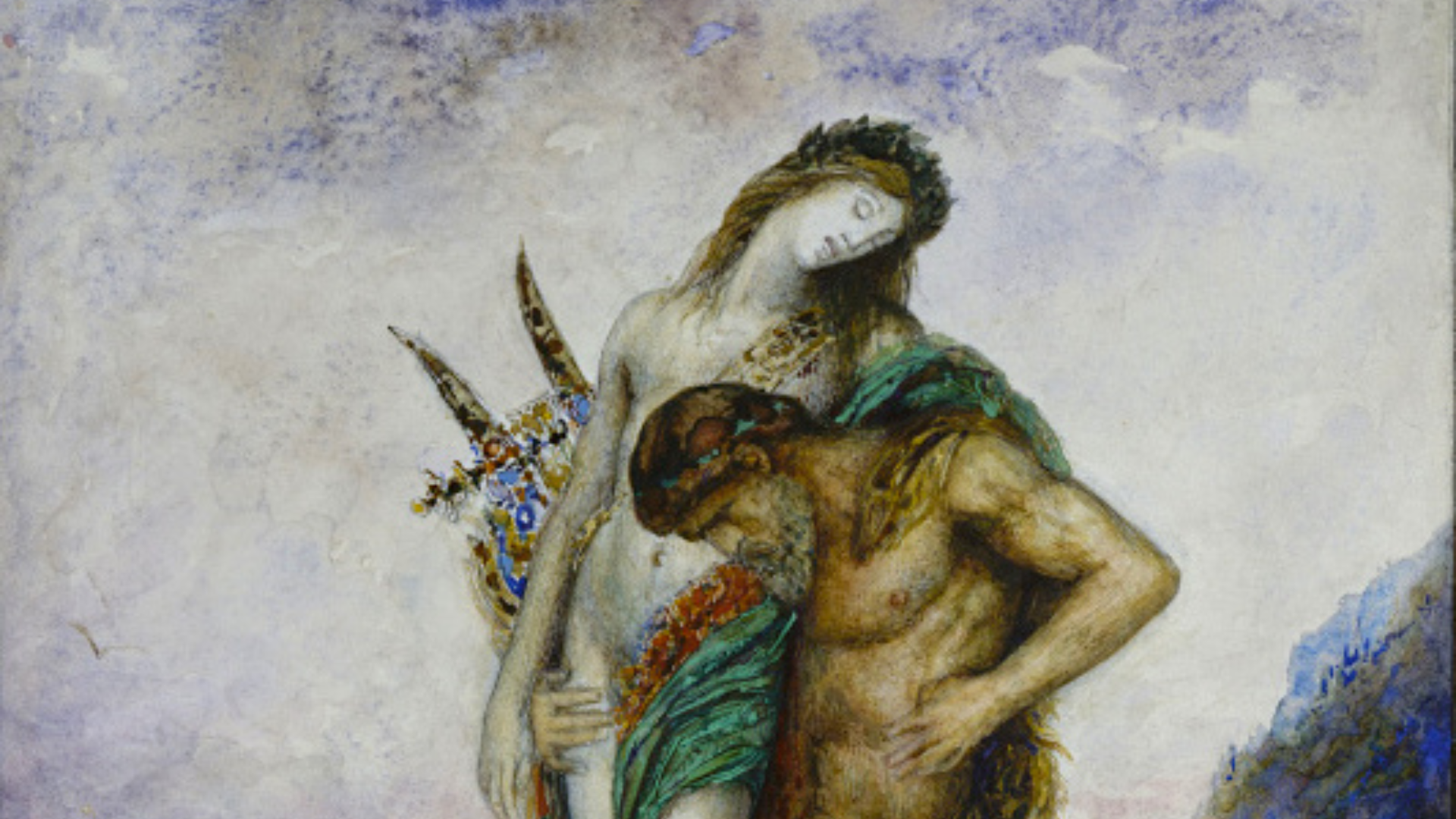 Gustave Moreau (1826–1898), Poète mort porté par un centaure, vers 1890, aquarelle, 33,5 x 24,5 cm, musée national Gustave Moreau.