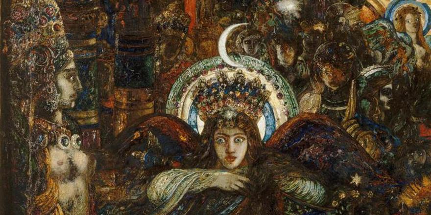 Peinture symboliste montrant des figures mystiques aux visages expressifs, dominée par une femme ailée au centre entourée d'anges et personnages fantastiques aux couleurs riches.