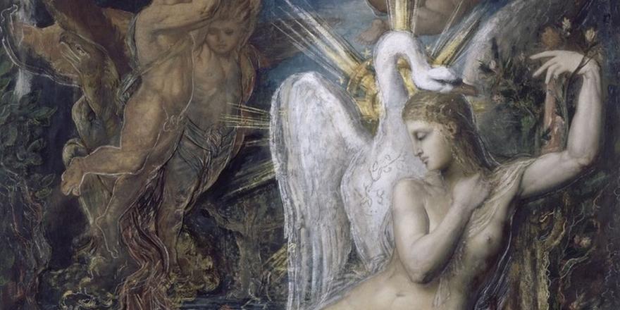 Femme nue assise près d'un cygne, entourée de figures célestes et d'anges dans un paysage sombre et mystique.