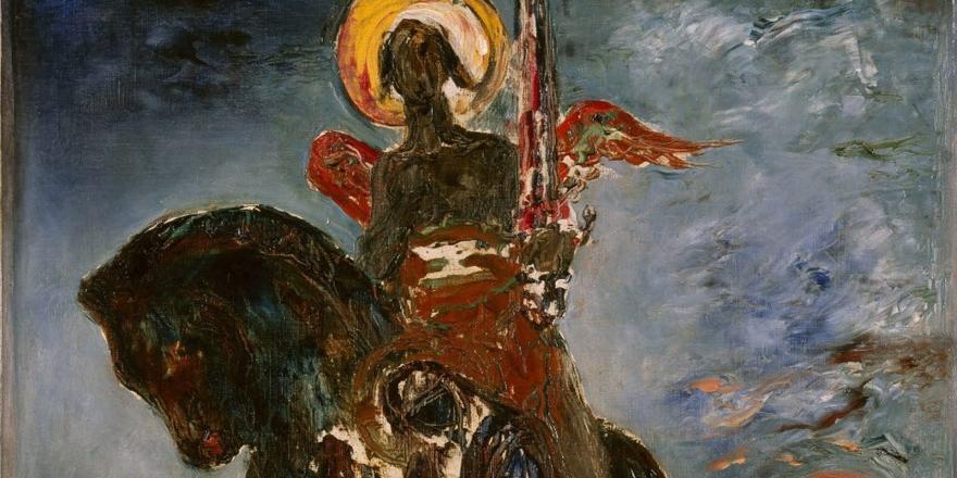 Figure à cheval avec une épée, portant une cape rouge et un halo, sous un ciel nocturne avec une étoile filante et un soleil couchant.