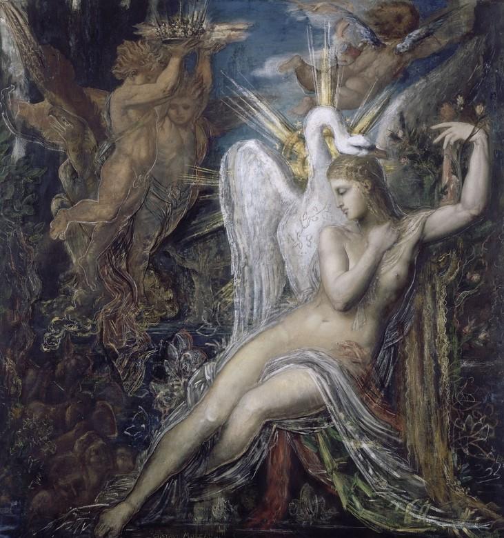 Femme nue assise près d'un cygne, entourée de figures célestes et d'anges dans un paysage sombre et mystique.