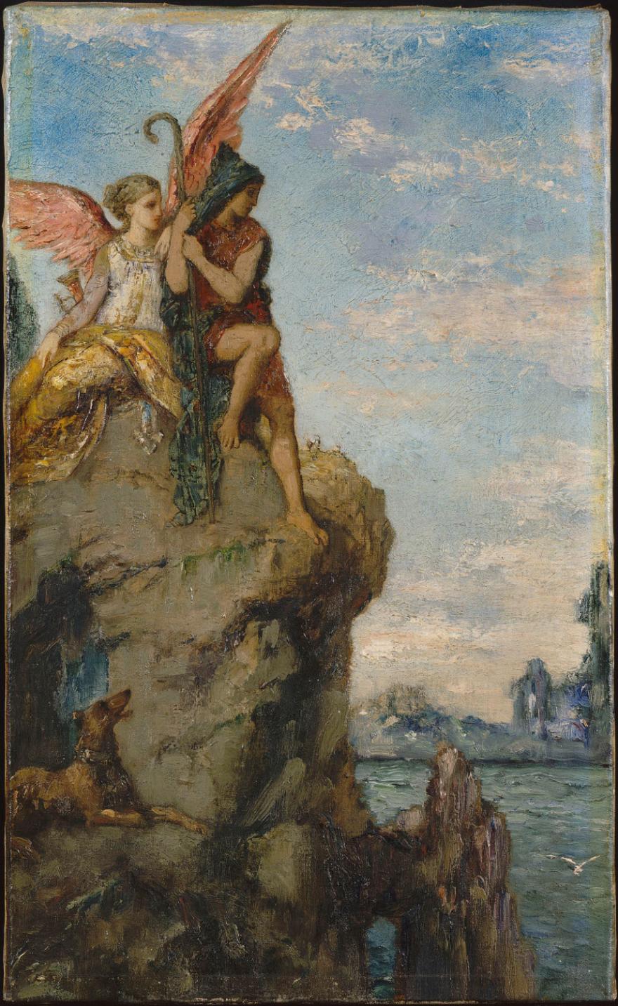 Peinture romantique montrant un ange ailé consolant une figure masculine sur un promontoire rocheux surplombant la mer sous un ciel nuageux.