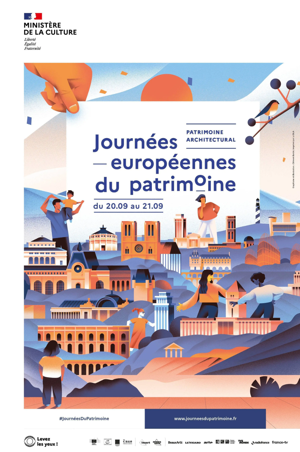 affiche des journées européennes du patrimoine représentant une ville dessinée vue du haut 